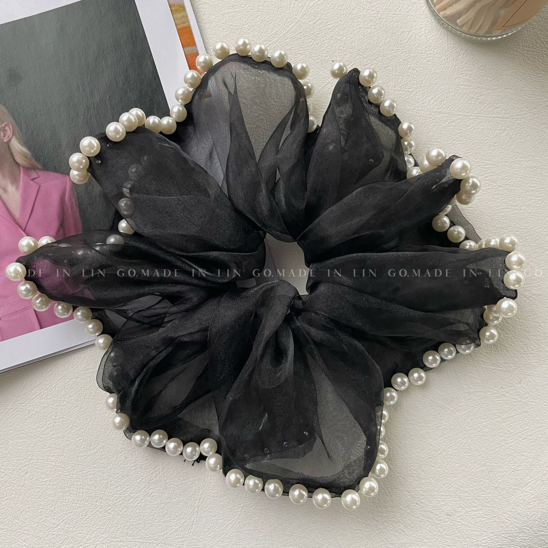 Large Mesh Scrunchie Large Colon Circle Female 2024 New Temperament Pearl Head Rope High Ponytail Ball Head Leather Band Summer Specification drawing