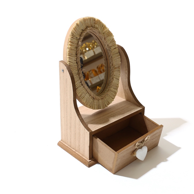 跨境厂家木质爱心抽屉式木盒化妆镜木制礼品包装盒子实木饰品储物细节图