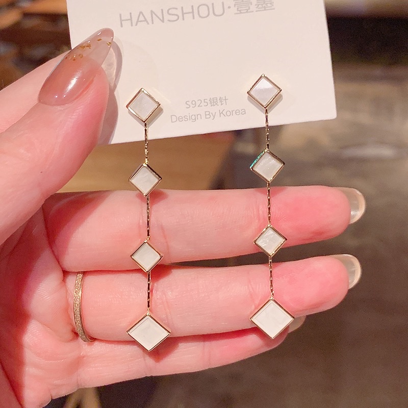 简约气质银针长款方块流苏耳环百搭显瘦网红耳坠耳饰2024年新款潮