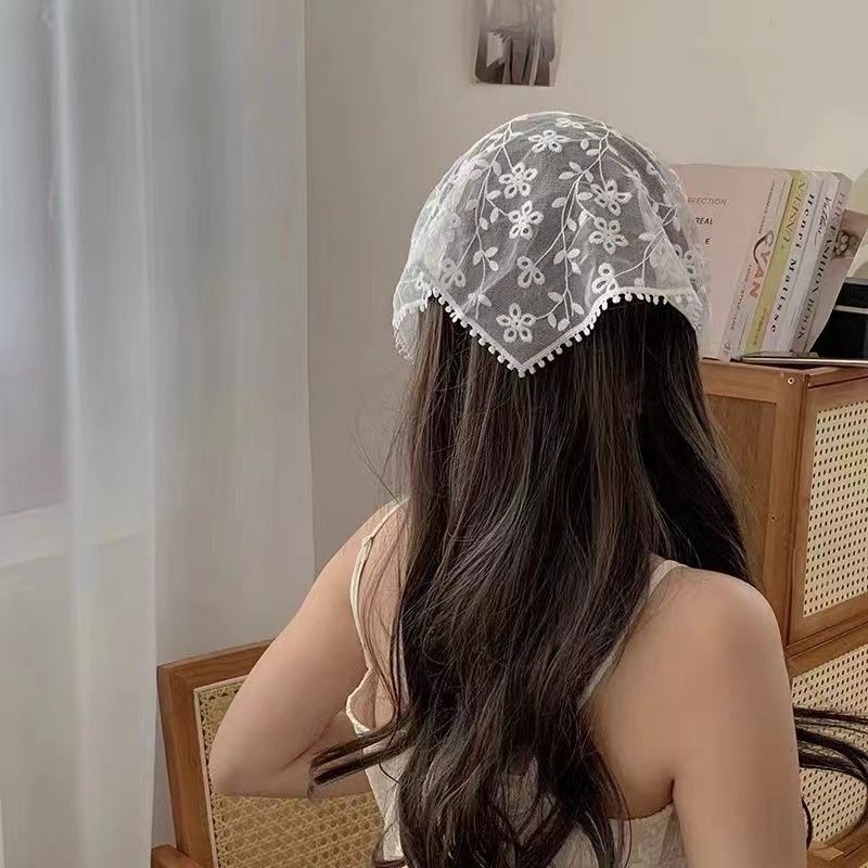 法式蕾丝头巾女田园风2024新款包头三角形头巾海边束发带夏季头饰白色蕾丝发箍头巾一体洋气复古包头头巾