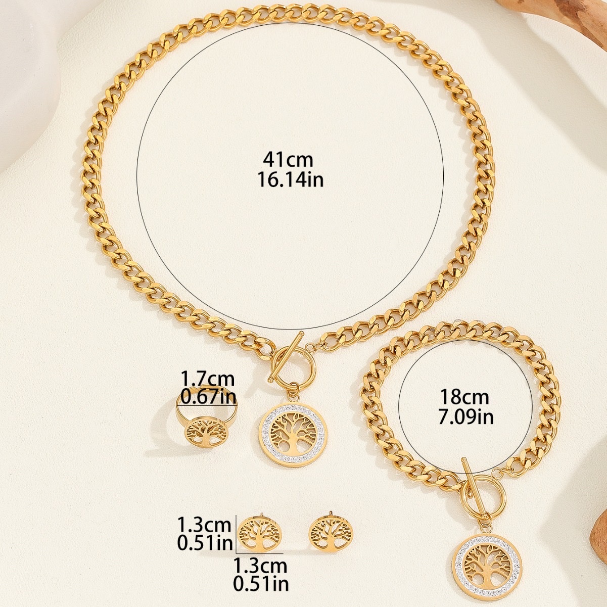 跨境直供欧美流行不锈钢镀金生命树项链耳环手链戒指饰品套装 手链首饰手链珍珠手链首饰产品图