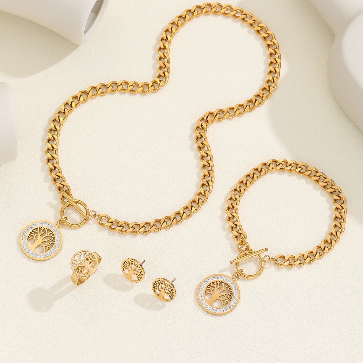跨境直供欧美流行不锈钢镀金生命树项链耳环手链戒指饰品套装 手链首饰手链珍珠手链首饰详情图2
