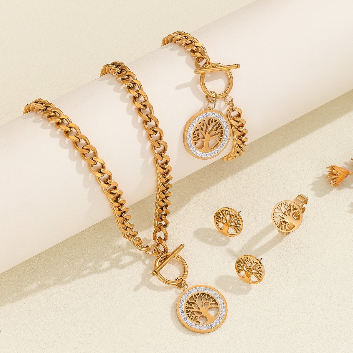 跨境直供欧美流行不锈钢镀金生命树项链耳环手链戒指饰品套装 手链首饰手链珍珠手链首饰详情图3
