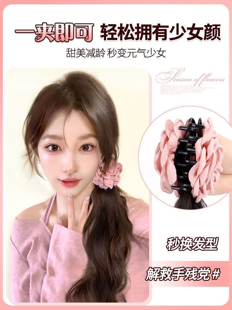 露思同款玫瑰花朵马尾蕾丝发圈抓夹层次波浪卷仿真发甜美马尾辫子详情图9