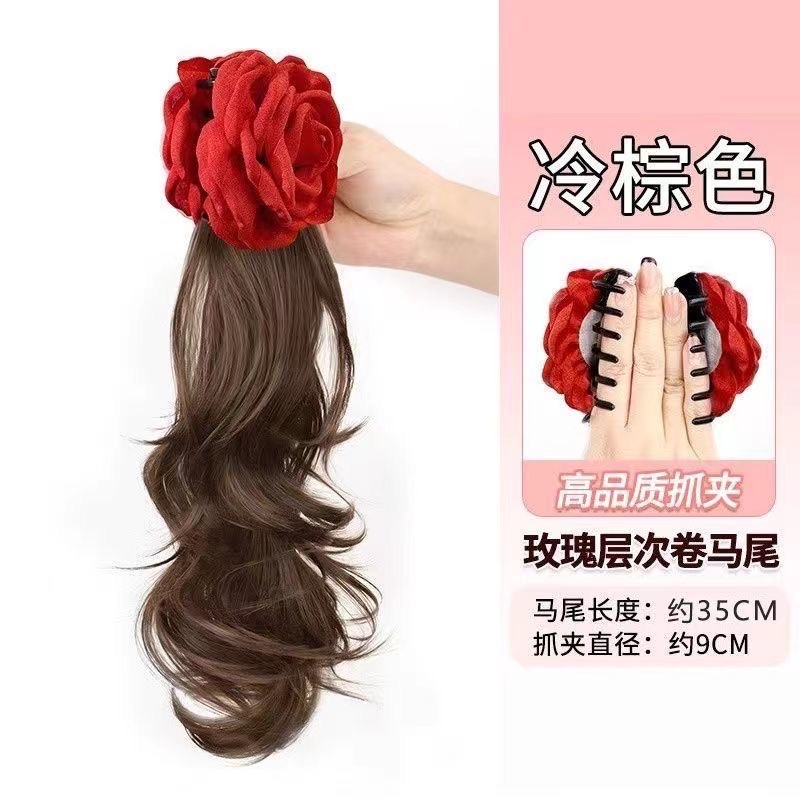 露思同款玫瑰花朵马尾蕾丝发圈抓夹层次波浪卷仿真发甜美马尾辫子详情图15