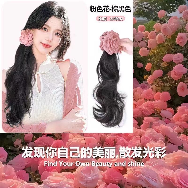 露思同款玫瑰花朵马尾蕾丝发圈抓夹层次波浪卷仿真发甜美马尾辫子详情图12