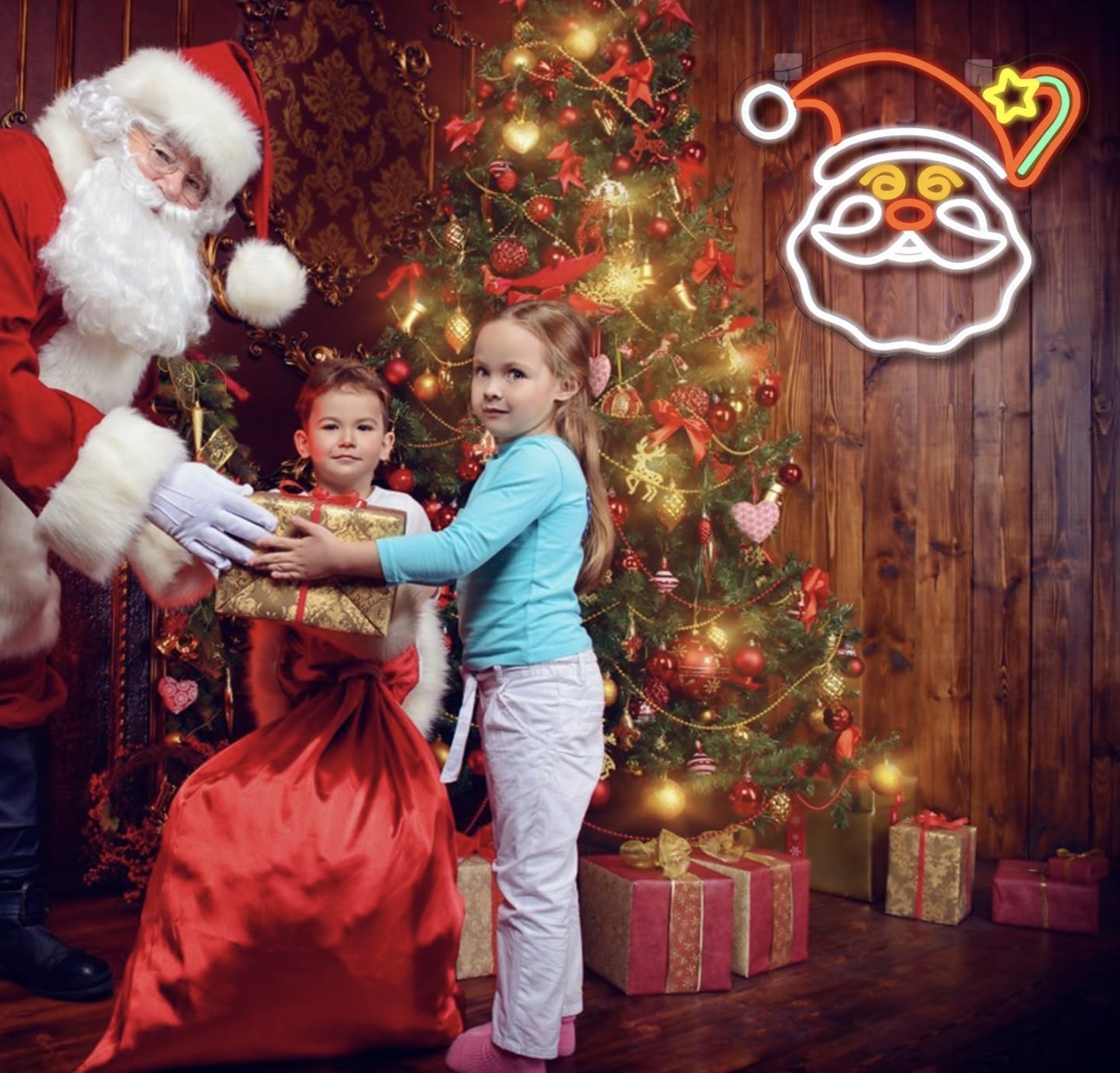 Merry Christmas圣诞老人霓虹灯，圣诞老人星星霓虹灯，霓虹灯标志墙壁装饰，USB供电开关白底实物图