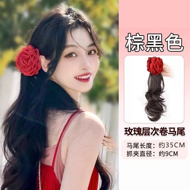 露思同款玫瑰花朵马尾蕾丝发圈抓夹层次波浪卷仿真发甜美马尾辫子详情图14
