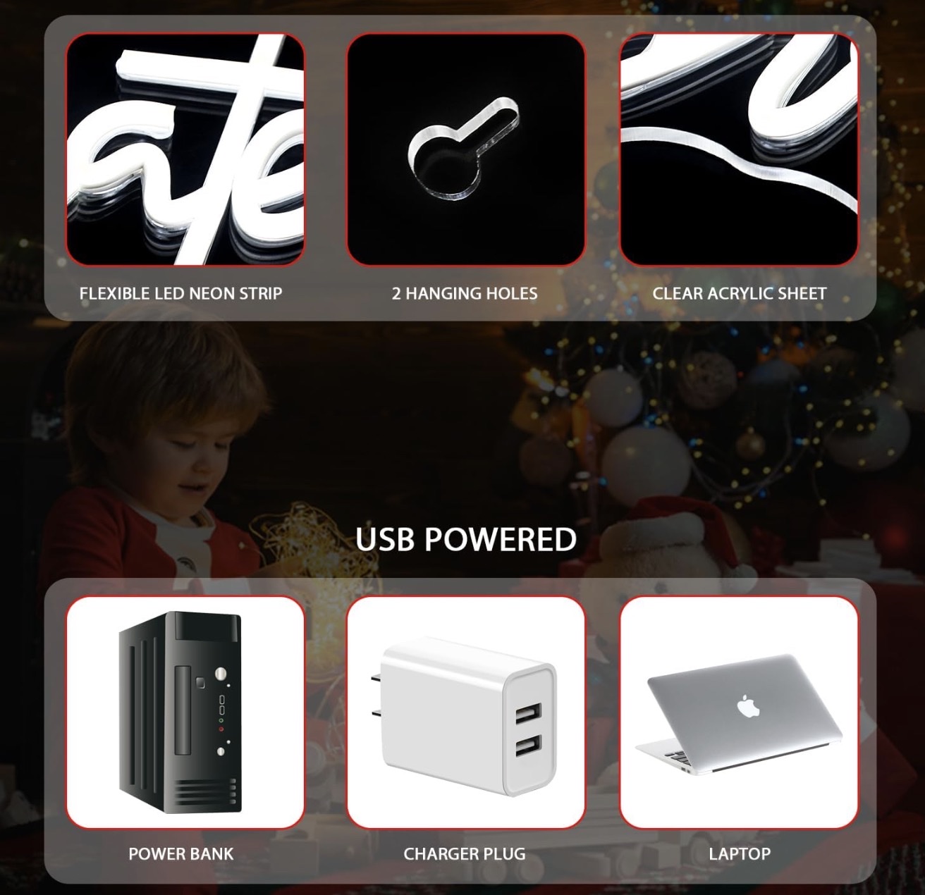 Merry Christmas圣诞老人霓虹灯，圣诞老人星星霓虹灯，霓虹灯标志墙壁装饰，USB供电开关细节图