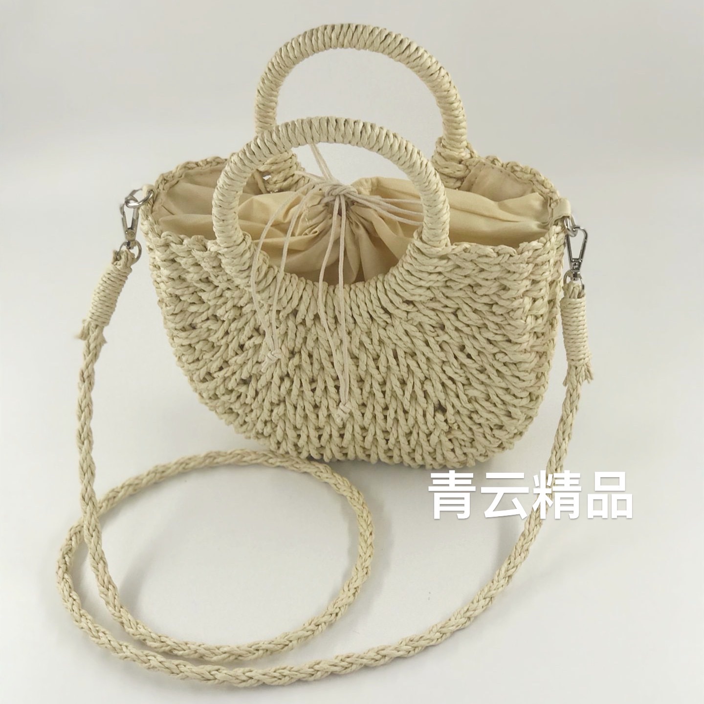 Paper rope woven bags, women's crossbody straw woven bags, small round bucket handbags, hand-woven straw woven bags, hollowed-out hand-woven bags, wholesale, customizable woven bags, straw woven bags, Lafite straw woven bags, women's straw woven bags, artistic straw woven bags detail image 7