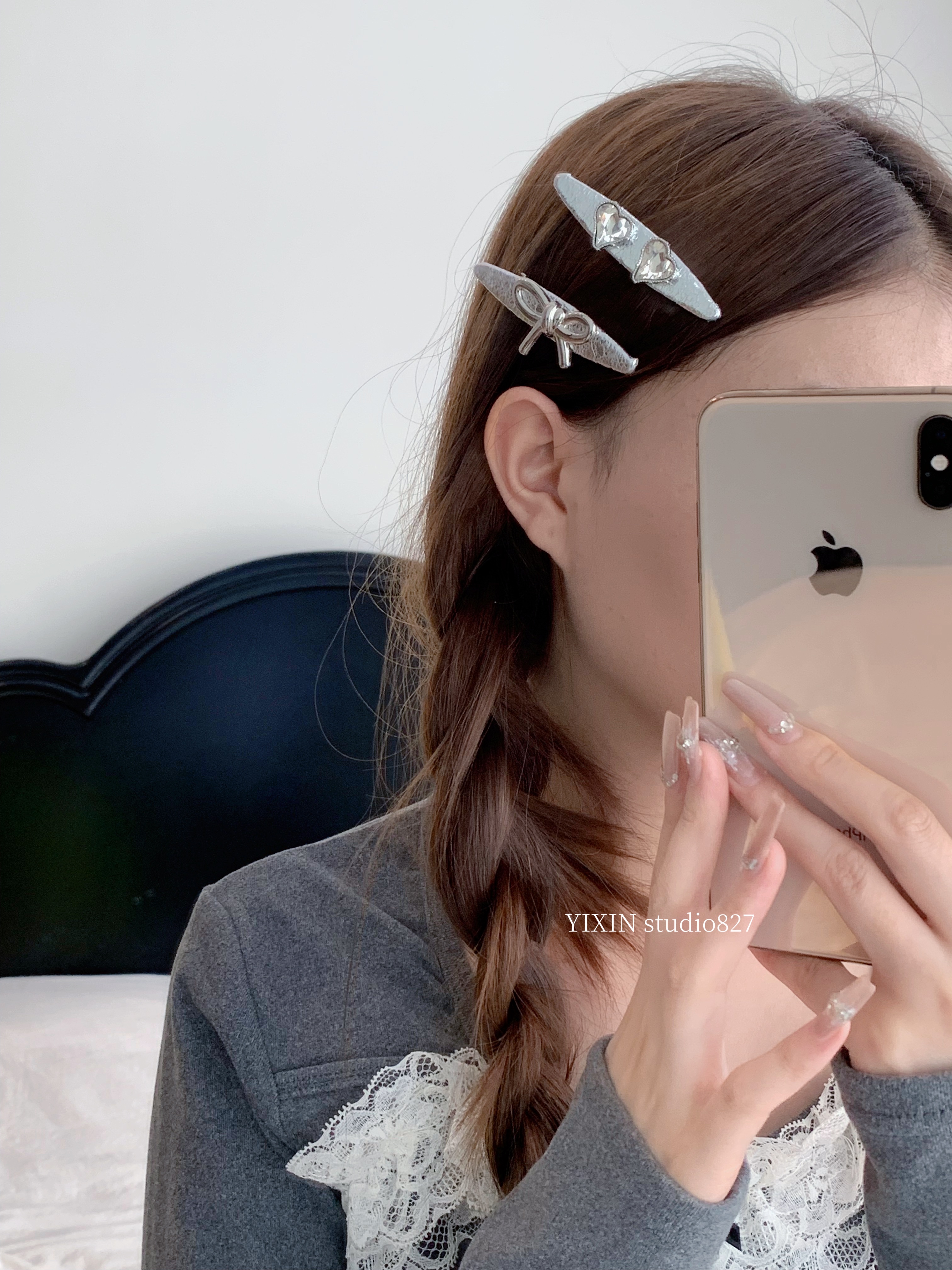 Alloy silver bow heart element oval small hair clip creative accessory detail image 5