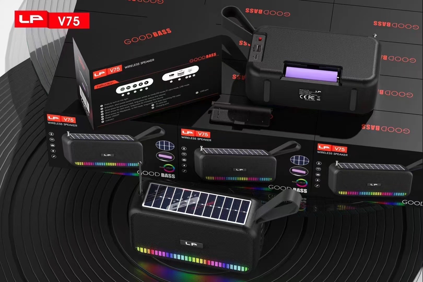 New African Hot Lp-V75 Portable Solar Bluetooth Speaker Rgb Color Lights Outdoor Portable External Fm Antenna Bluetooth Speaker Specification drawing