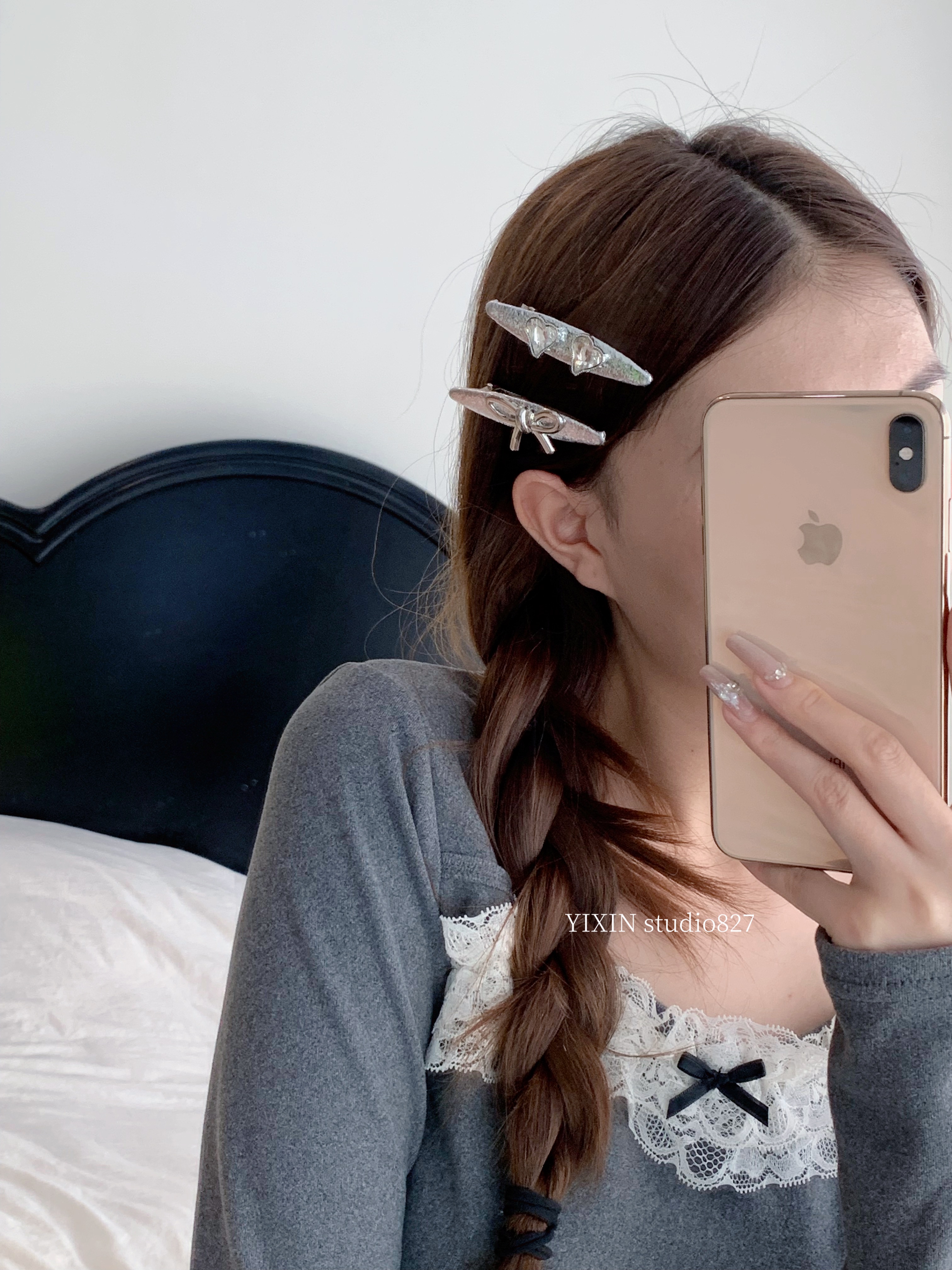 Alloy silver bow heart element oval small hair clip creative accessory detail image 4