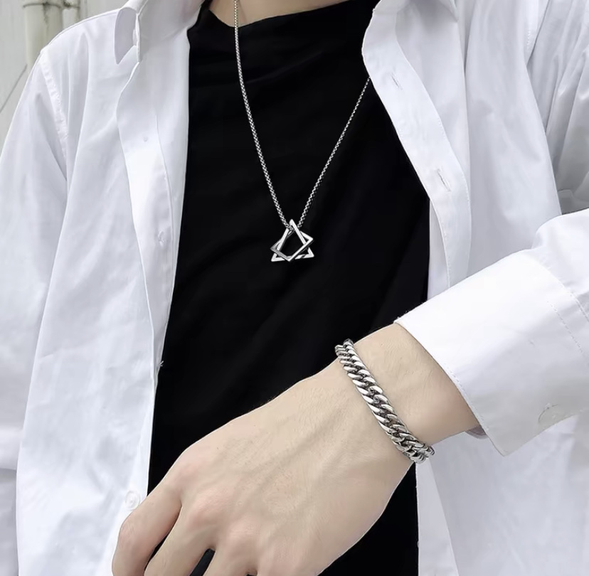 Triangular geometric necklace, men's trend titanium steel pendant, hip-hop style niche design sweater chain detail image 3