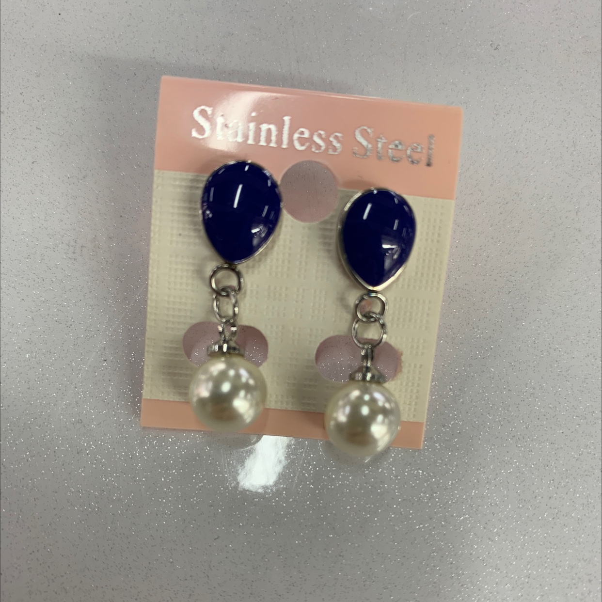 程洁饰品不绣钢滴油珍珠兰色耳环耳钉款式时尚大方得体珍珠耳钉细节图