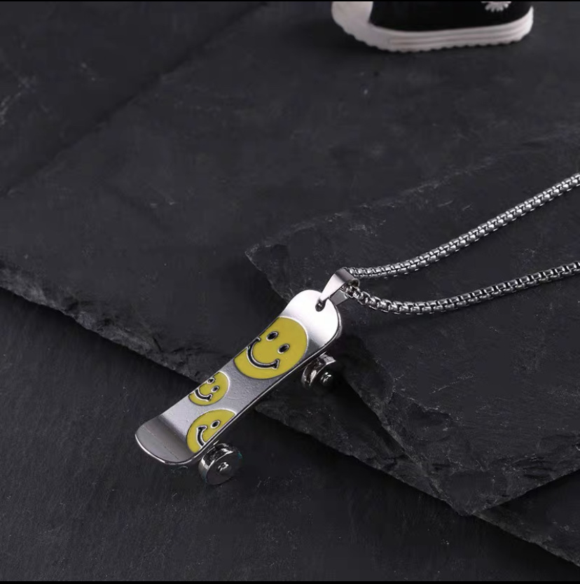 Titanium steel smiling face scooter pendant wheels Punk street cool and stylish necklace fashionable men's and women's hip-hop accessories detail image 3