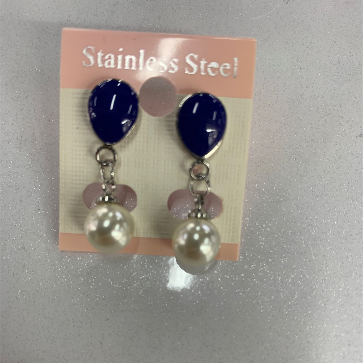 程洁饰品不绣钢滴油珍珠兰色耳环耳钉款式时尚大方得体珍珠耳钉产品图