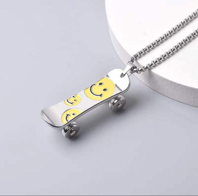 Titanium steel smiling face scooter pendant wheels Punk street cool and stylish necklace fashionable men's and women's hip-hop accessories details Picture