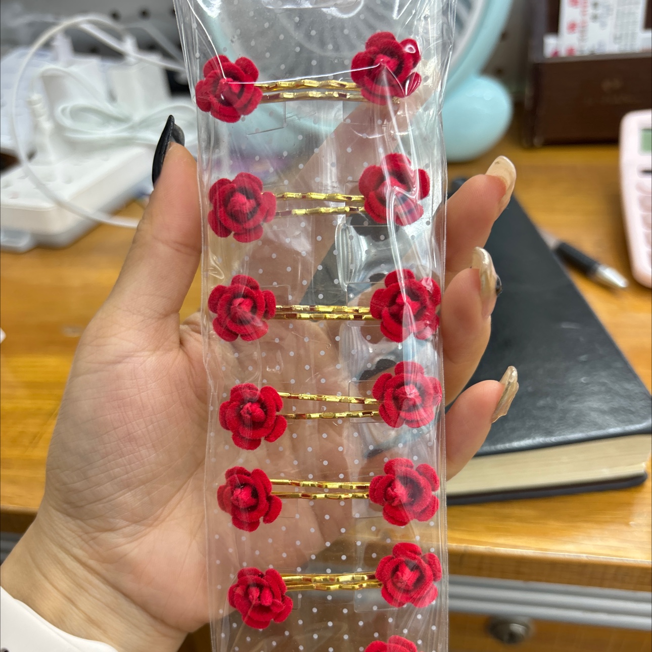 2024新款金色一字夹红色玫瑰花朵固定发夹