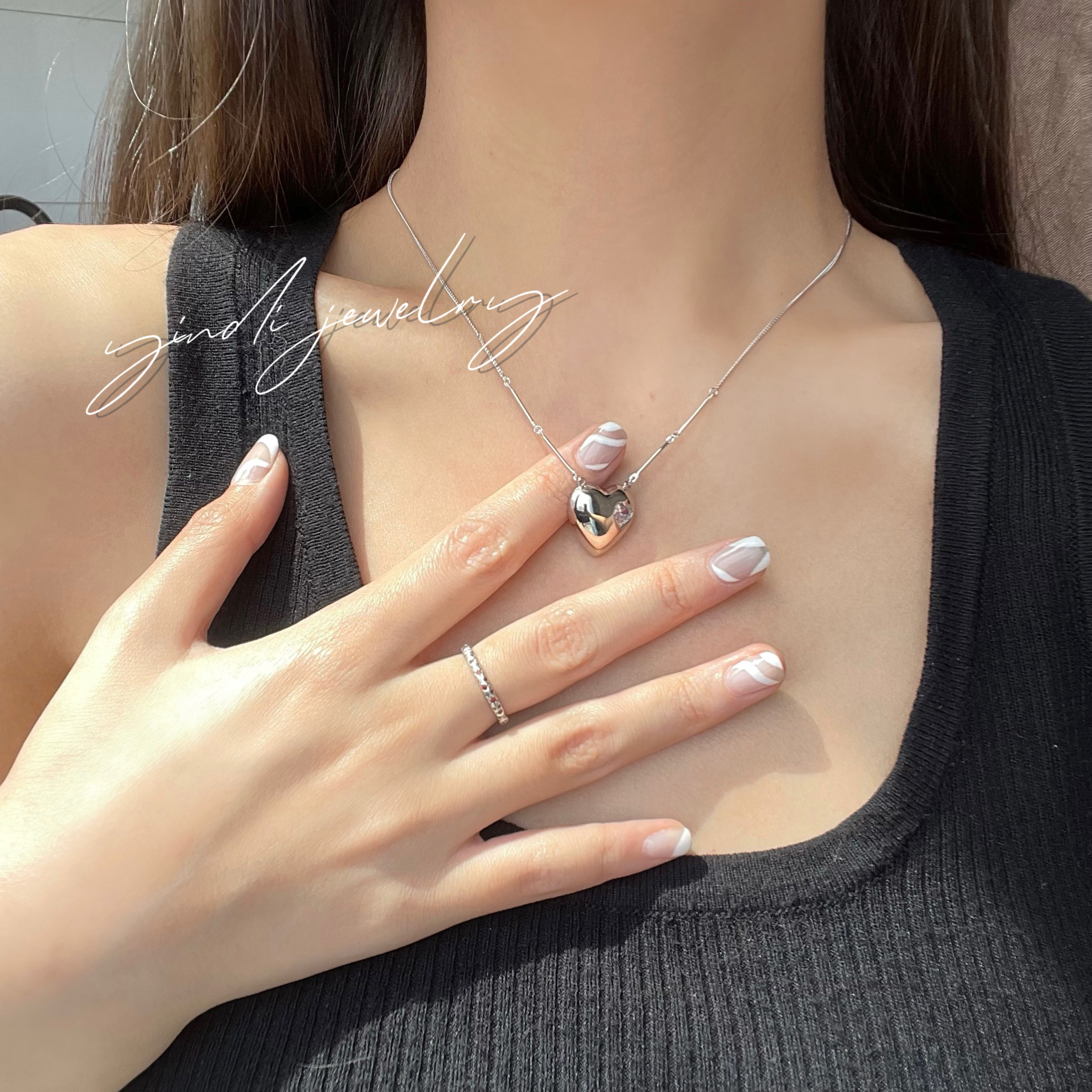 竹节链大桃心纯银项链送女友生日礼物百搭款高级感银饰项链细节图