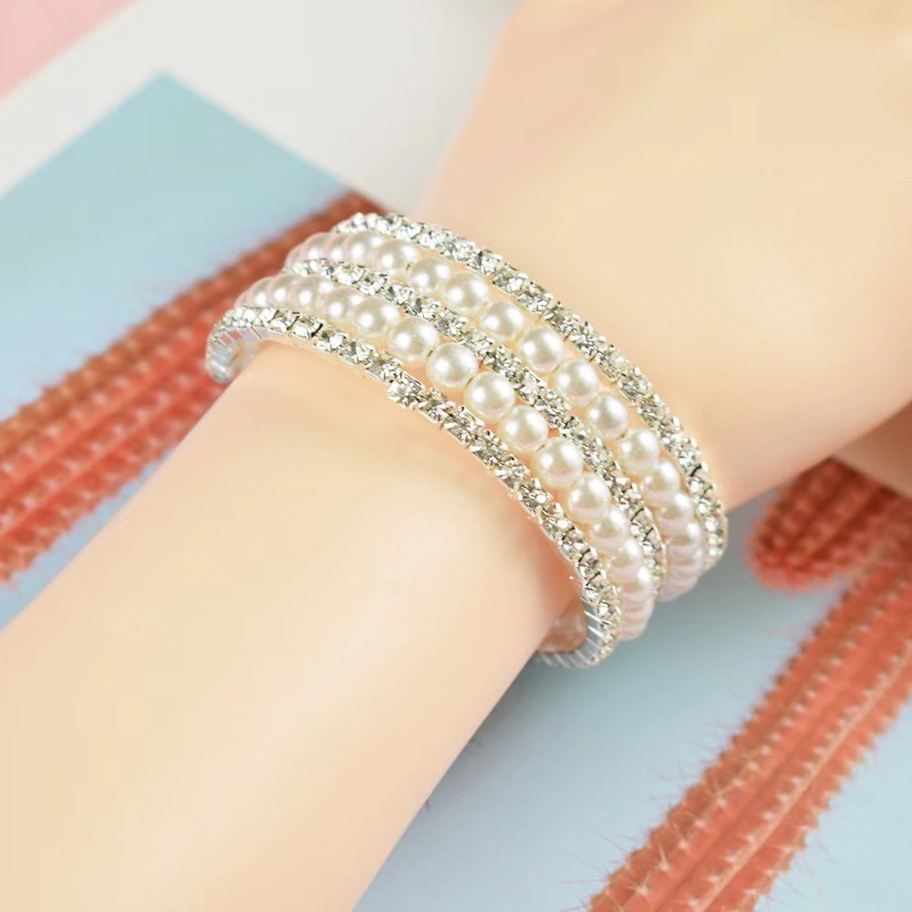 欧美手饰排数婚礼水钻6mm珍珠多层手镯缠绕手环珍珠水钻手链产品图