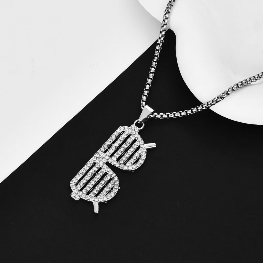 A popular domestic trend rapper long stainless steel titanium steel full diamond spectacle frame necklace, unisex accessory necklace for men and women