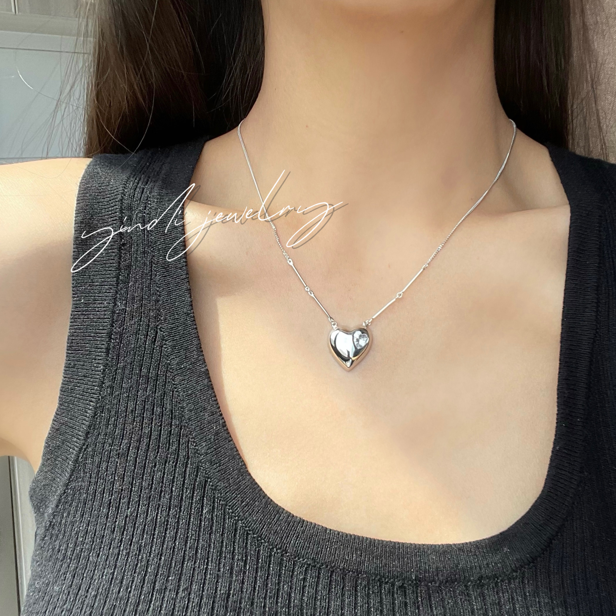 竹节链大桃心纯银项链送女友生日礼物百搭款高级感银饰项链产品图