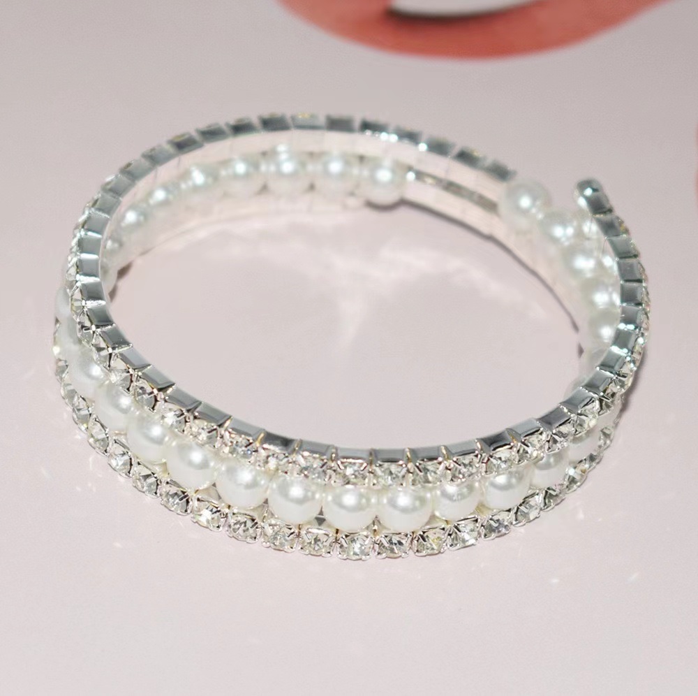 欧美手饰排数婚礼水钻6mm珍珠多层手镯缠绕手环珍珠水钻手链