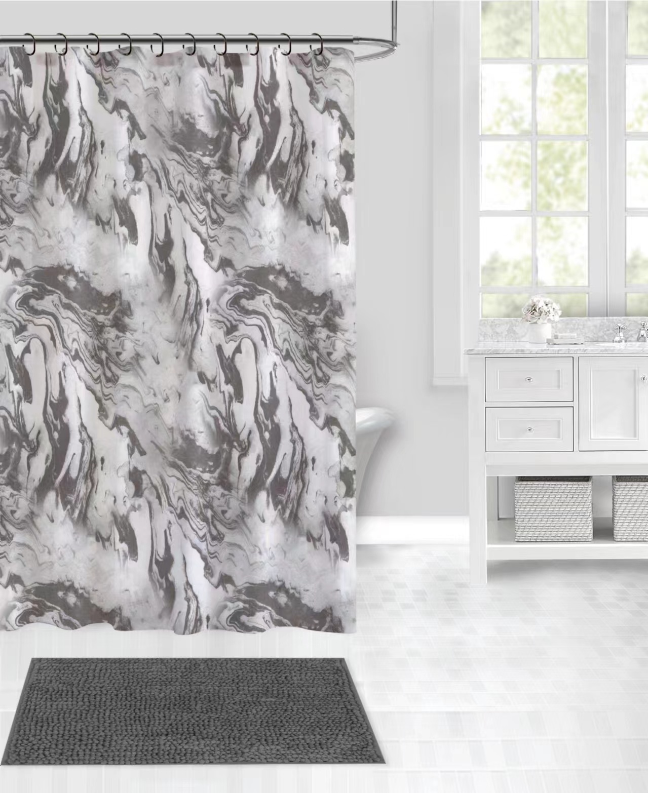 Ink Painting Shower Curtain Size 180*180Cm Shower Curtain + Floor Mat Set