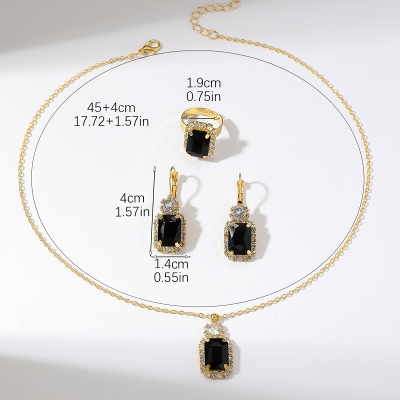 Cross-border necklace, women's light luxury, versatile zircon pendant, European and American women's golden square black crystal earrings, ring wholesale detail image 3