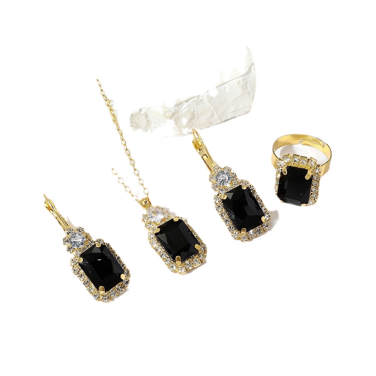 Cross-border necklace, women's light luxury, versatile zircon pendant, European and American women's golden square black crystal earrings, ring wholesale details Picture