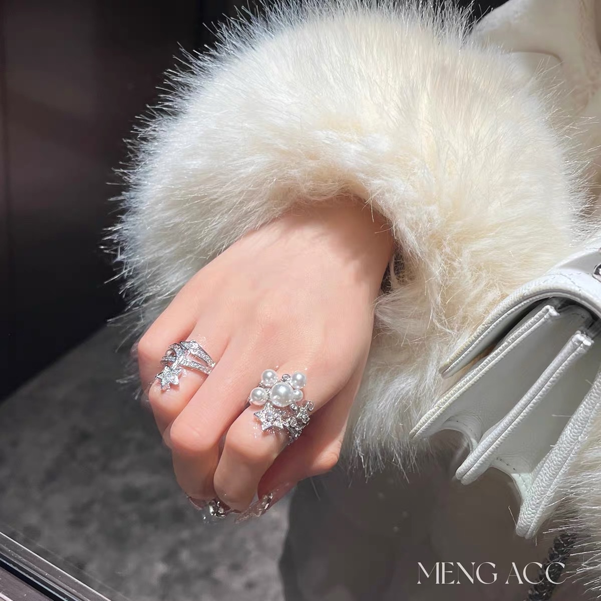 国潮MENG 高珠彗星系列流星珍珠满钻戒指轻奢名媛小众镶钻开口戒指环饰品戒指细节图