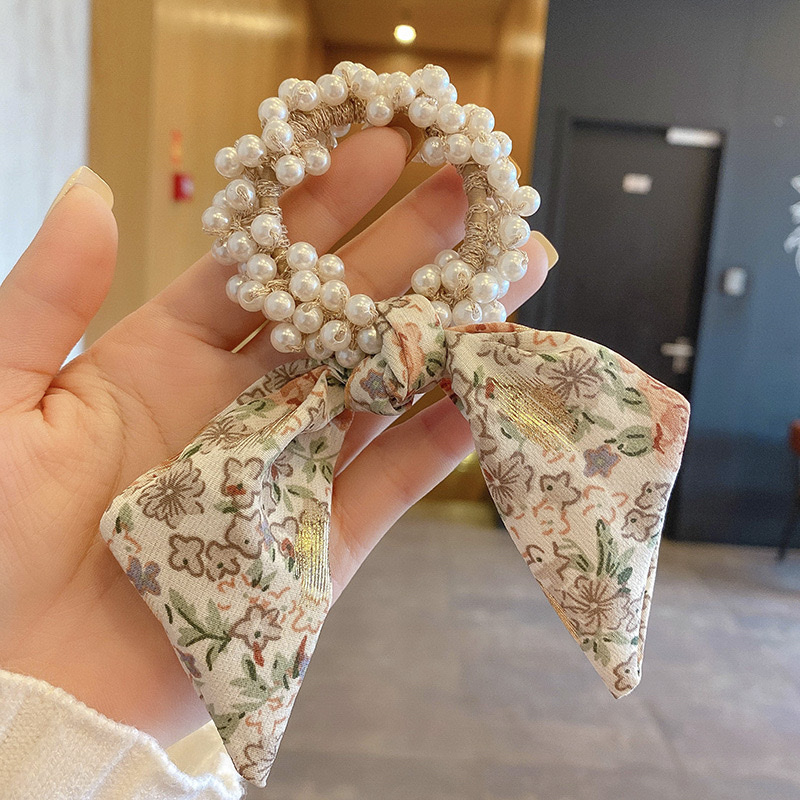 Korean floral ribbon bow headwear, popular pearl hair bands, women's hair ties, summer hair ties, leather bands and hair ties detail image 3