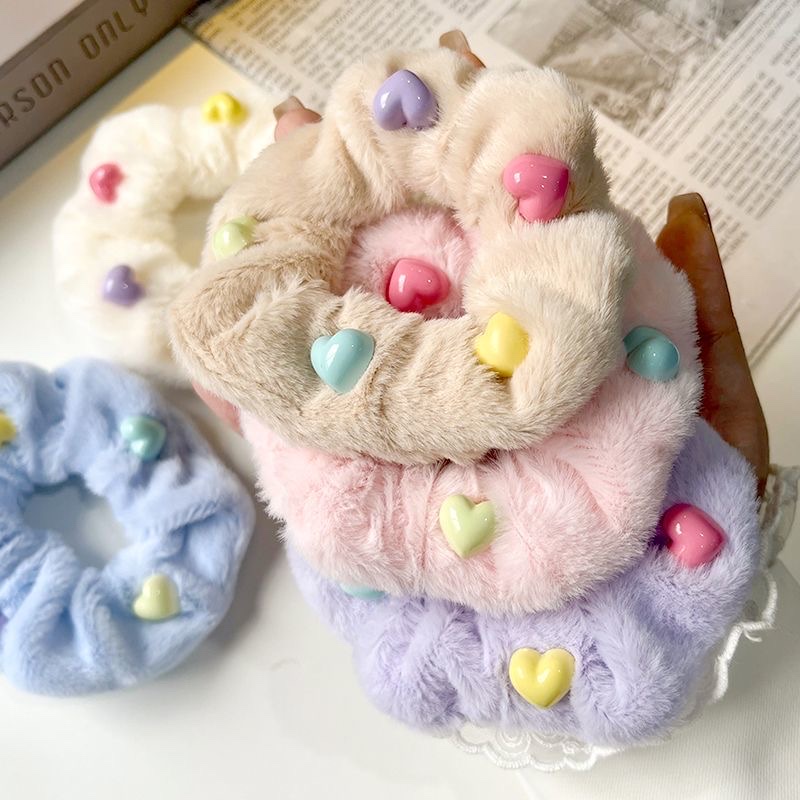 韩系秋冬毛绒糖果色爱心大肠发圈可爱高弹力头绳毛茸茸加厚发饰女详情图1