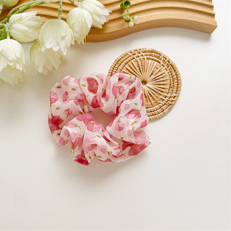 New sweet chiffon jacquard printed large intestine hair band in stock. Girlish style, high elasticity hair tie detail image 7