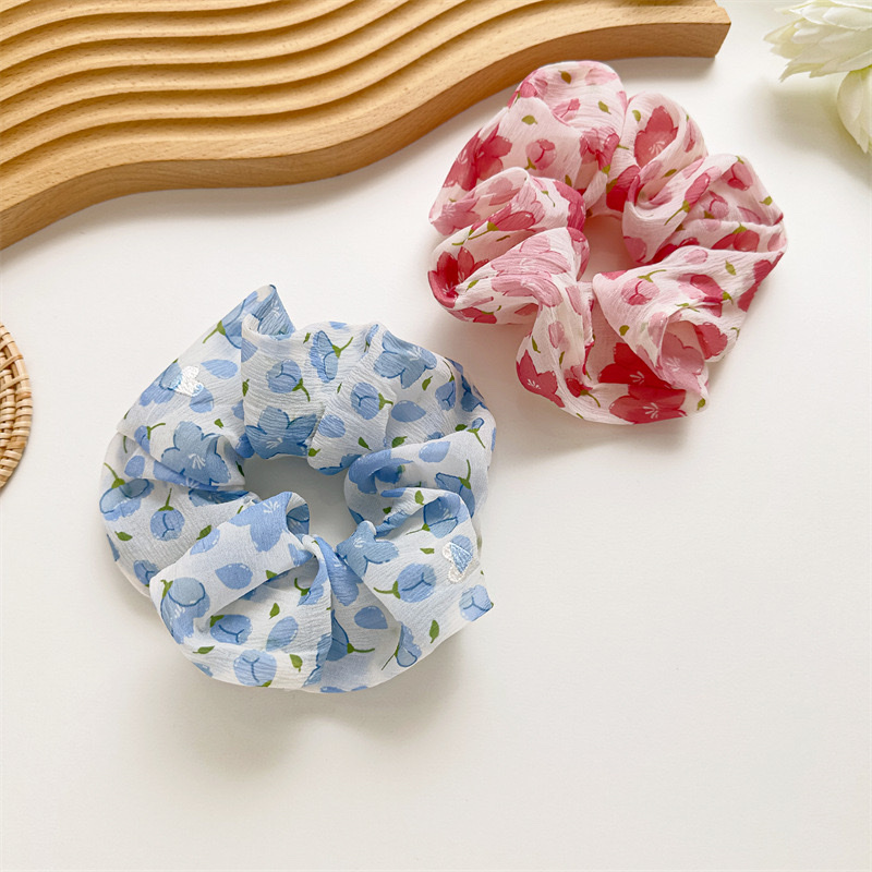 New sweet chiffon jacquard printed large intestine hair band in stock. Girlish style, high elasticity hair tie detail image 2