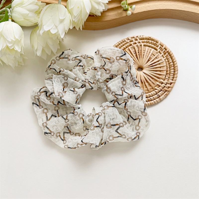 New sweet chiffon jacquard printed large intestine hair band in stock. Girlish style, high elasticity hair tie detail image 9