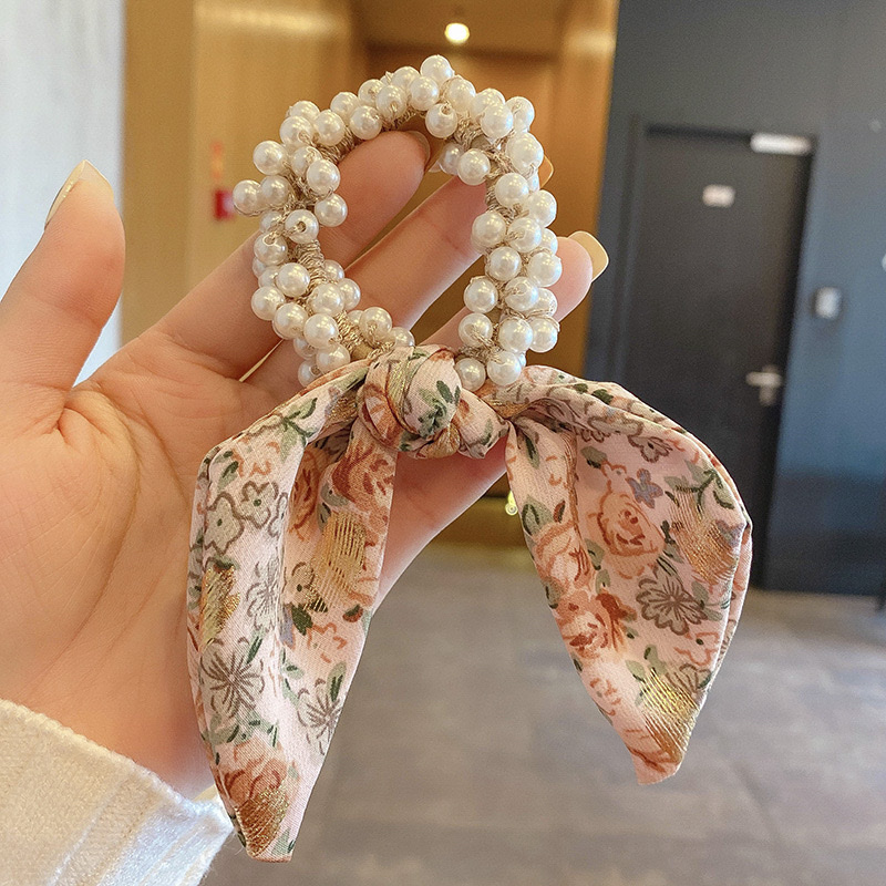 Korean floral ribbon bow headwear, popular pearl hair bands, women's hair ties, summer hair ties, leather bands and hair ties detail image 4