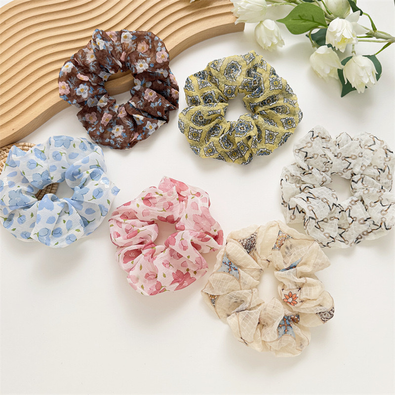 新款甜美系雪纺提花印花大肠发圈现货少女气质扎头发绳高弹力