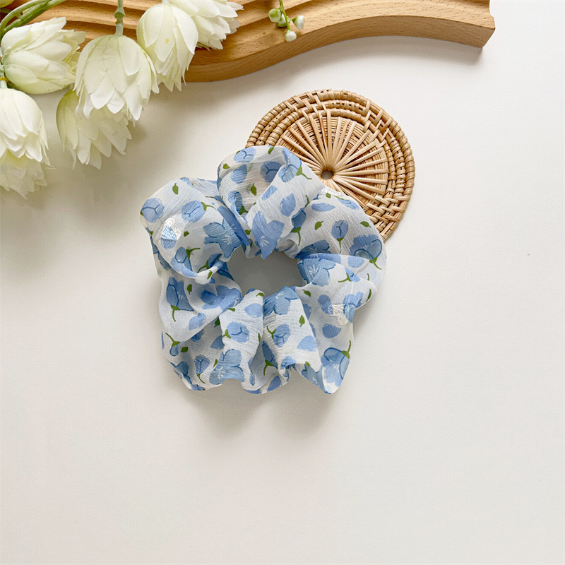 New sweet chiffon jacquard printed large intestine hair band in stock. Girlish style, high elasticity hair tie detail image 6
