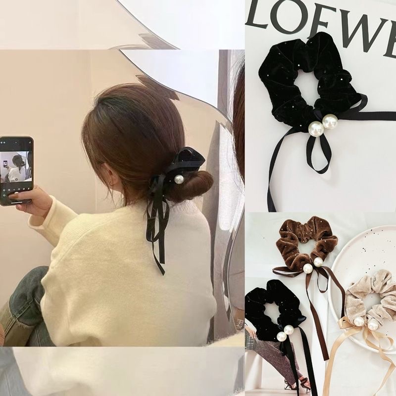 爆款珍珠丝绒大肠发圈高级感蝴蝶结发饰气质少女小香风扎马尾头绳产品图