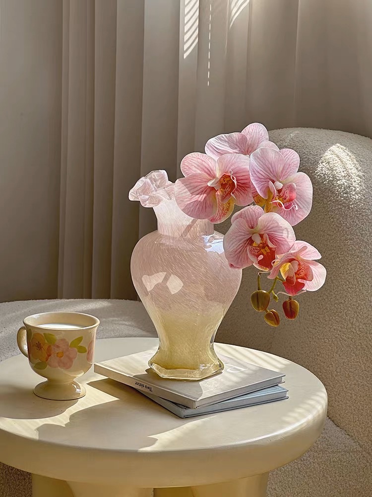Pink Fenton glass vase, vintage mermaid Girl glass flower vase, flower arrangement, water cultivation decoration, French romantic Ins-style vase, glass vase Specification image