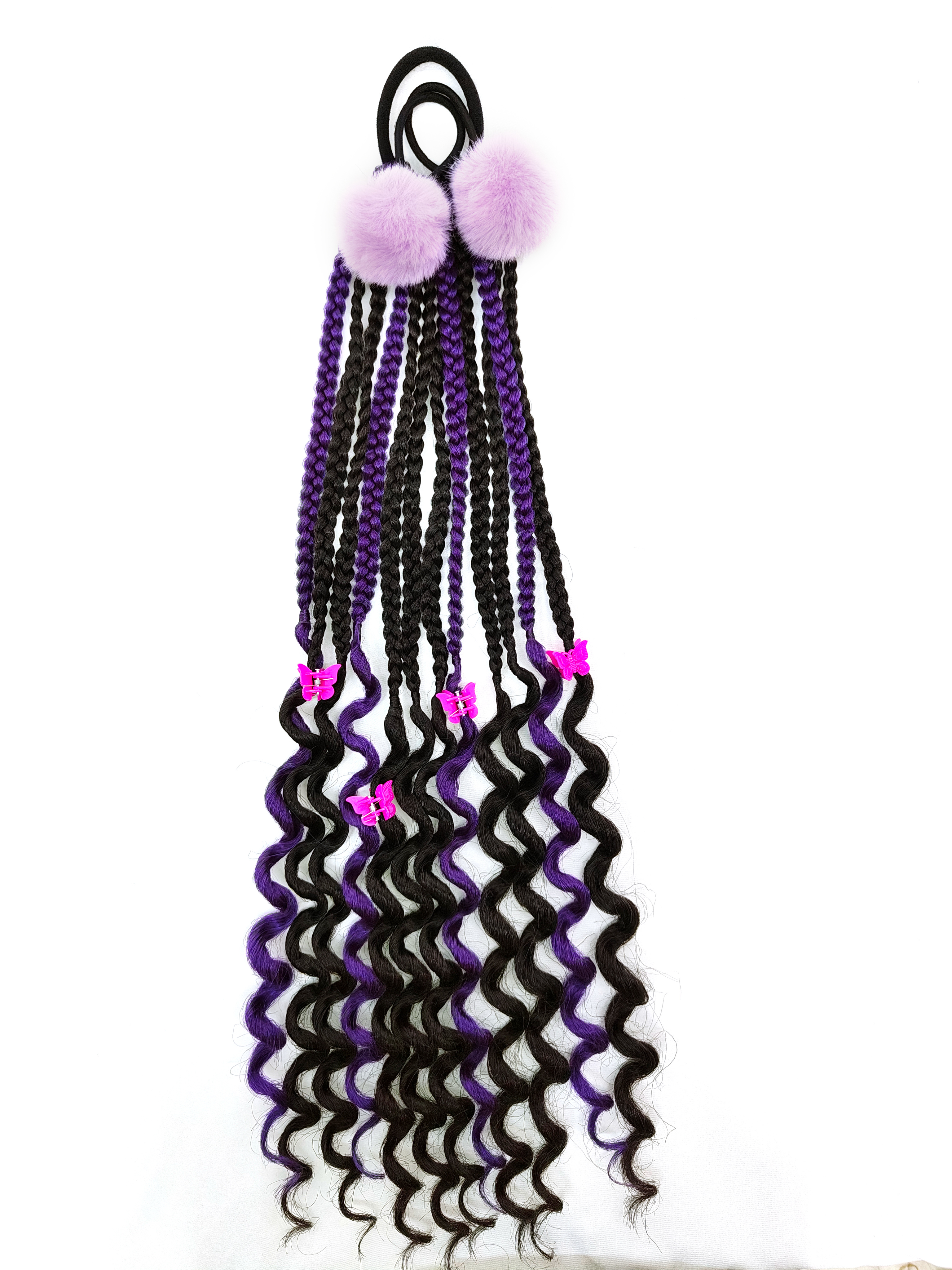 A purple and black synthetic fiber wig for children with a ponytail Item Picture