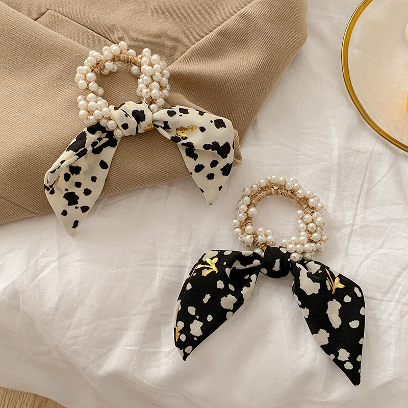 Korean floral ribbon bow headwear, popular pearl hair bands, women's hair ties, summer hair ties, leather bands and hair ties