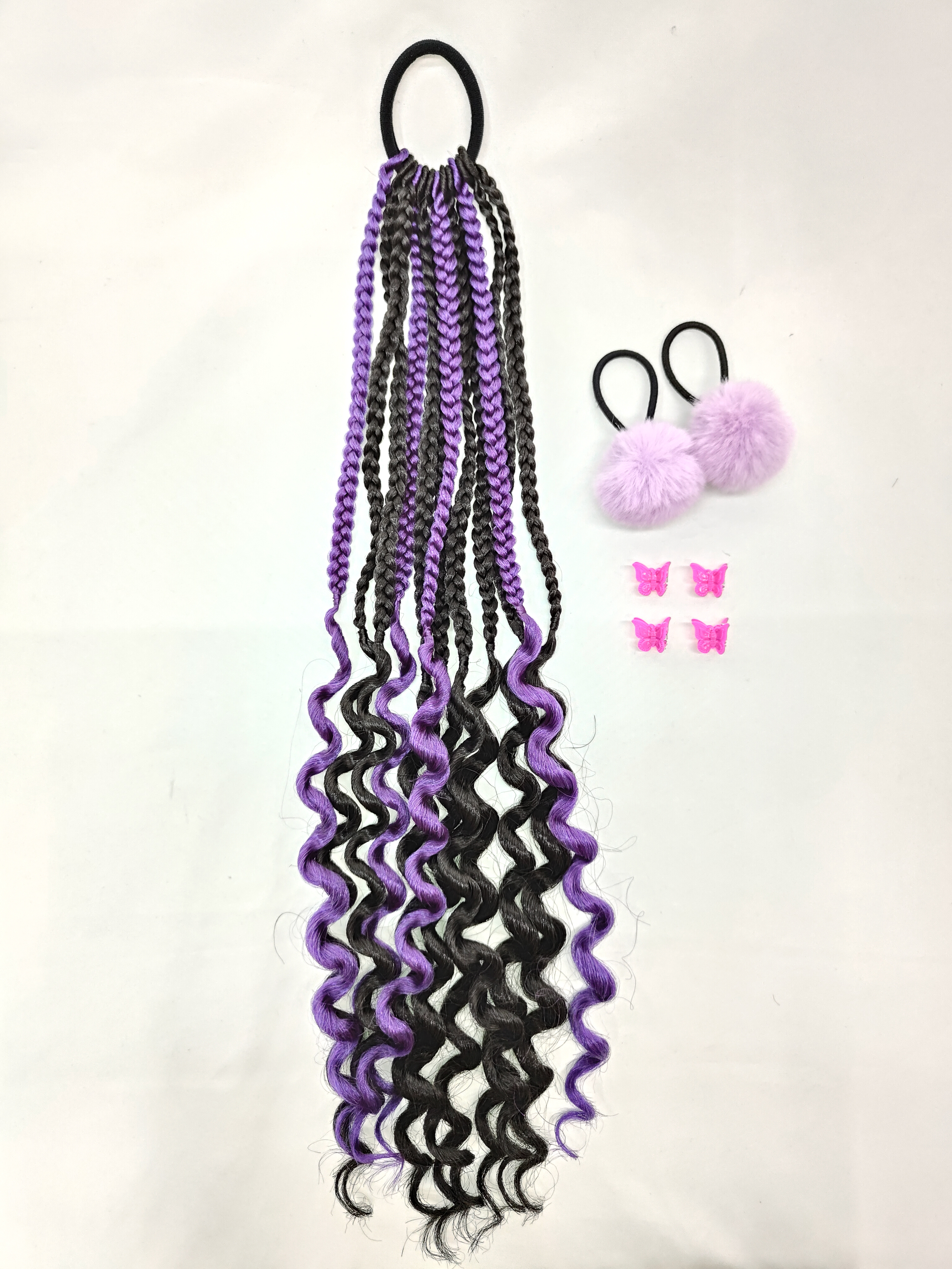 A purple and black synthetic fiber wig for children with a ponytail