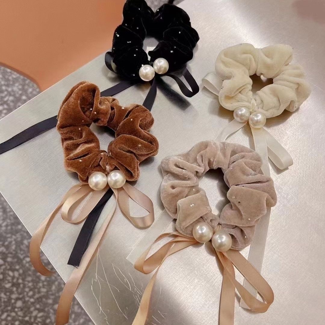 爆款珍珠丝绒大肠发圈高级感蝴蝶结发饰气质少女小香风扎马尾头绳详情图4