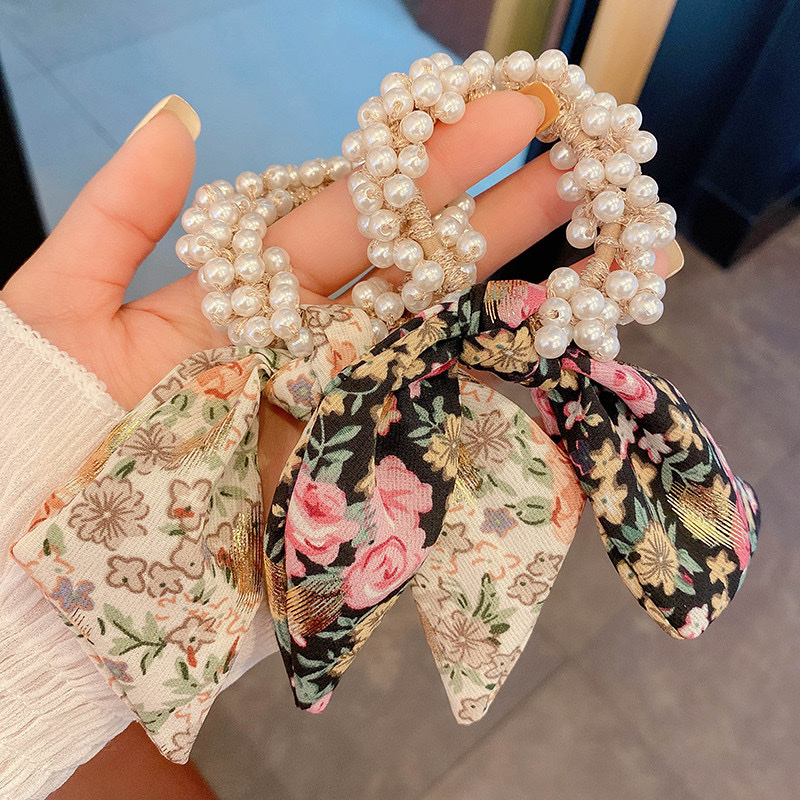 Korean floral ribbon bow headwear, popular pearl hair bands, women's hair ties, summer hair ties, leather bands and hair ties detail image 2