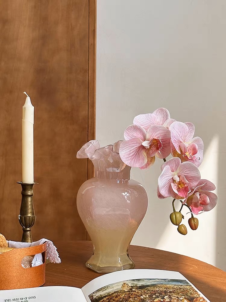 Pink Fenton glass vase, vintage mermaid Girl glass flower vase, flower arrangement, water cultivation decoration, French romantic Ins-style vase, glass vase