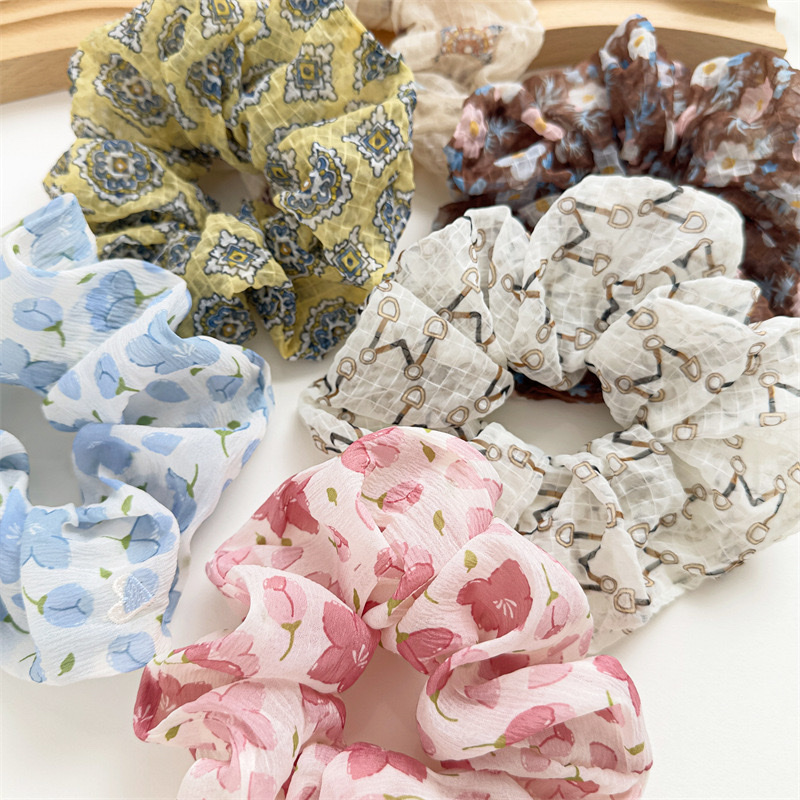 New sweet chiffon jacquard printed large intestine hair band in stock. Girlish style, high elasticity hair tie details Picture