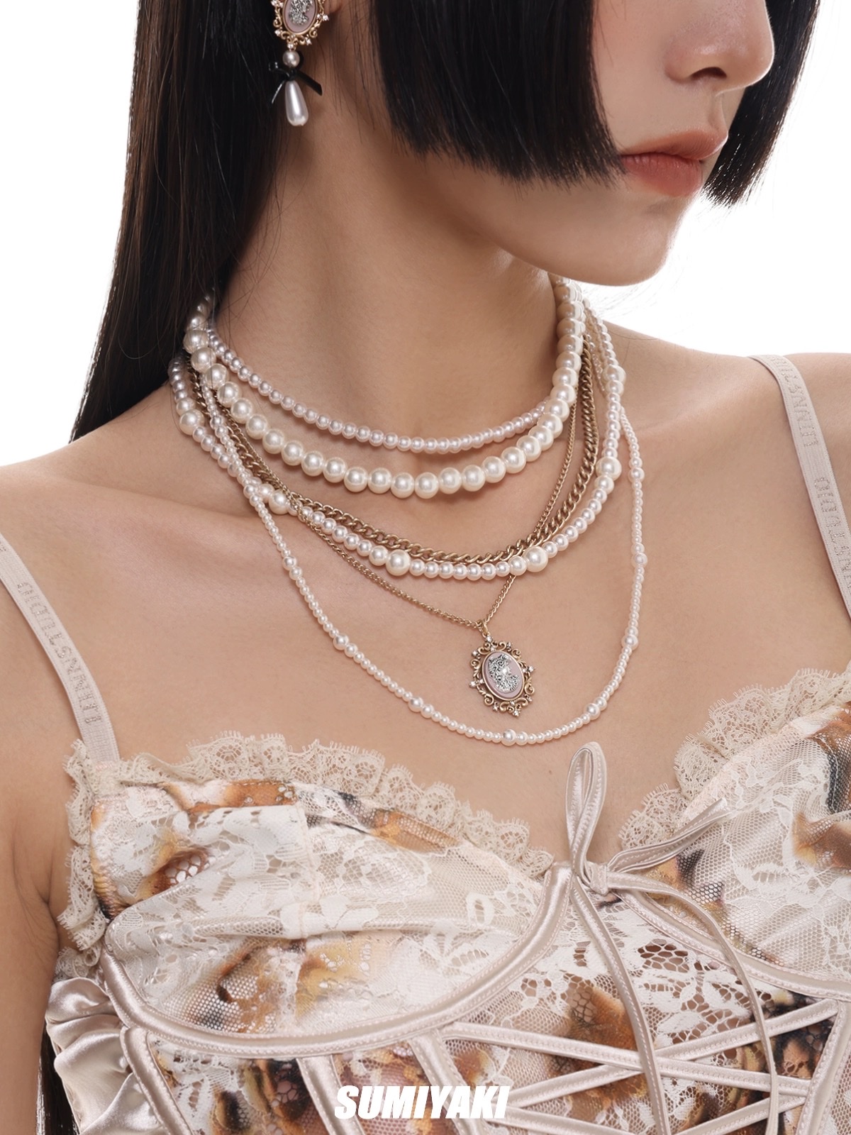复古美式女高 SUMIYAKI珍珠项链女多层叠带高级感轻奢小香风颈链、外贸系列欧美定制项链、珍珠项链